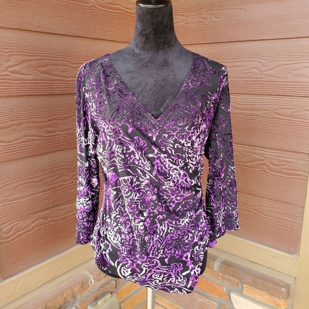 Fashion Bug Stretchy Velvet Patterned Ruched Faux Wrap Long Sleeve Top NWOT